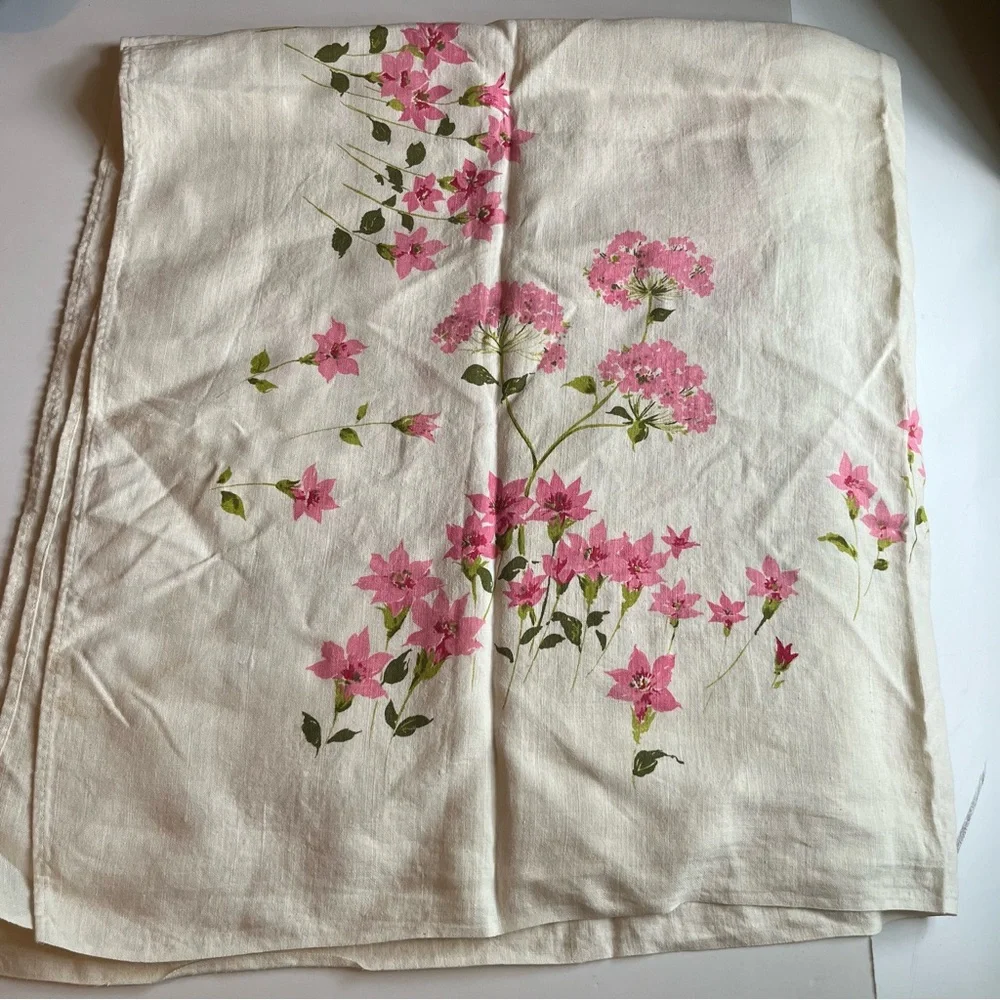 Vintage Linen Square Tablecloth with Pink Flowers